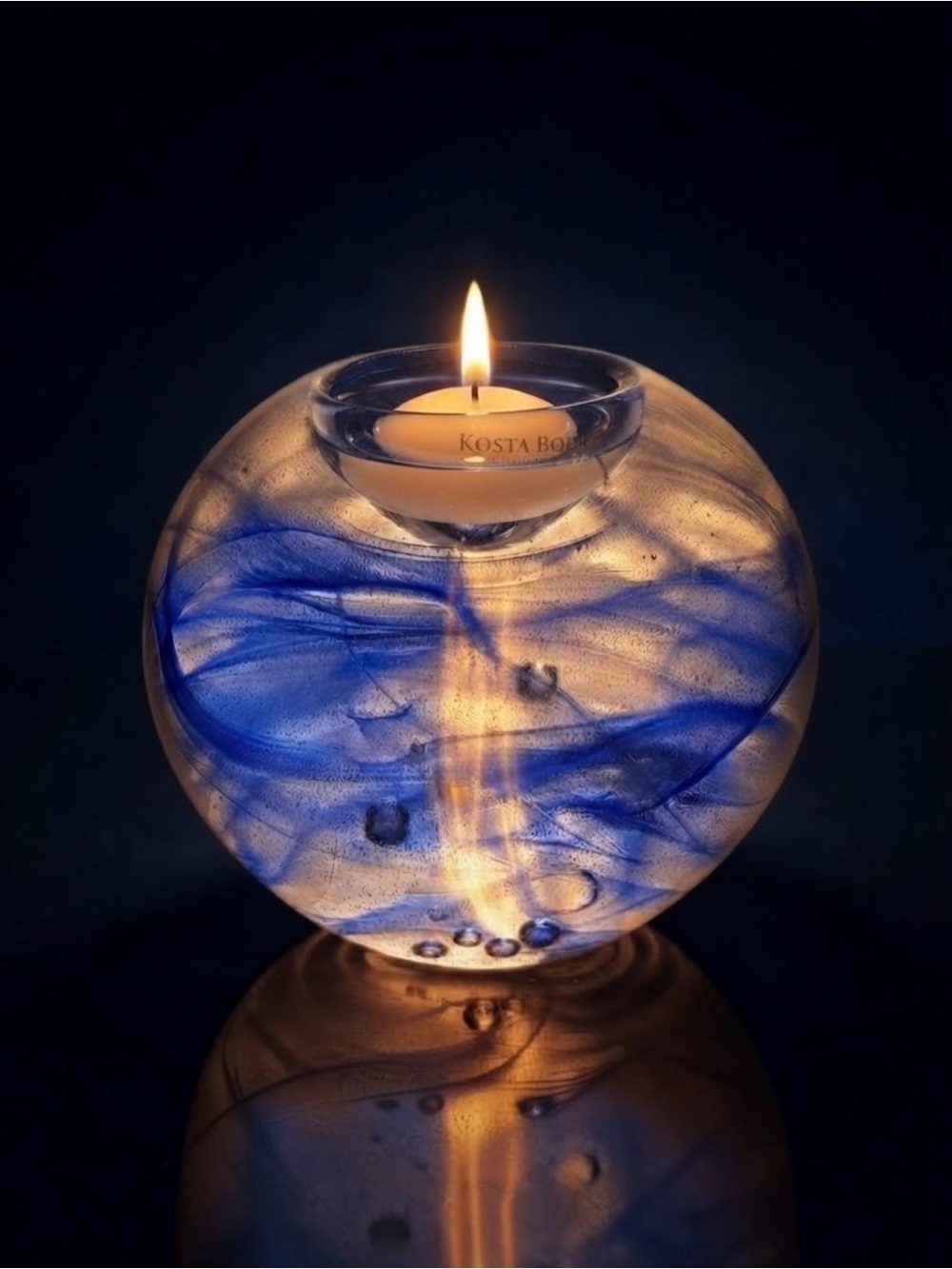 Rare Vintage Kosta Sweden Blue Swirl Art Glass Votive Candle Holder